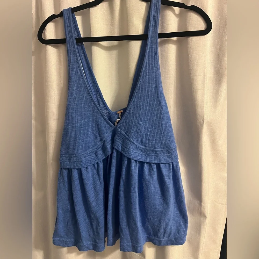 Free People Blue Sleeveless Deep V Babydoll Tank Calendula sz M NWT - Picture 1 of 4